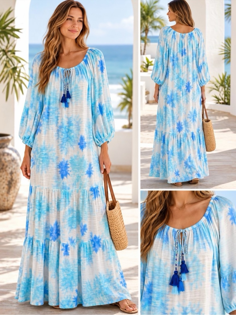 Pitusa Petite Blue Tie Dye Tassel Maxi Dress Cotton Modal Made in Peru